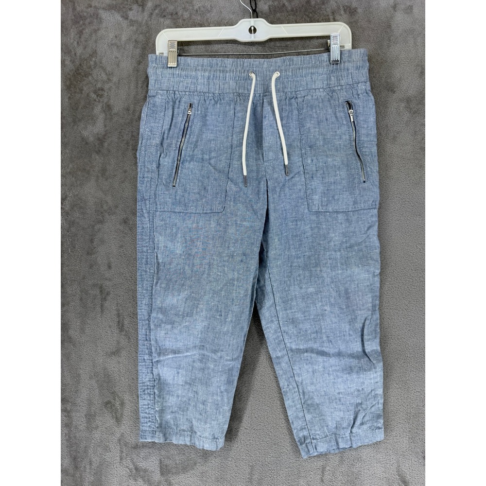 Athleta Linen Pants Women 4 Cabo Linen Crop Blue Drawstring EUC